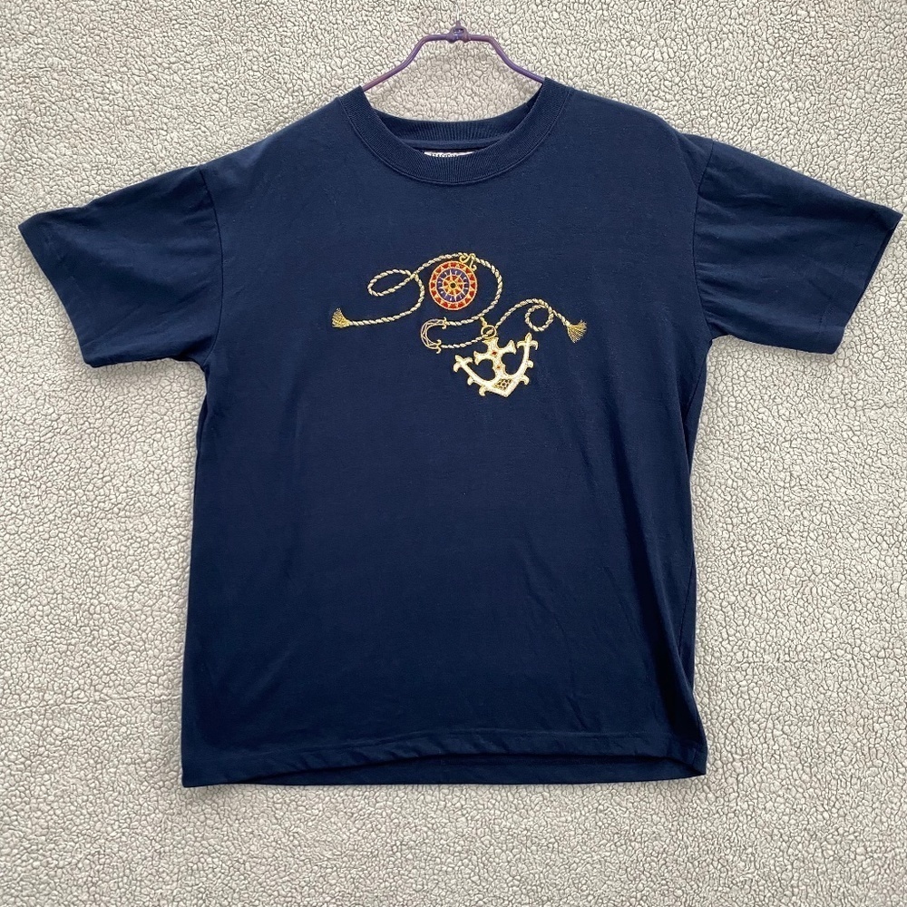East West Tee Shirt Womens Size Medium Embroidered Graphic Dark Navy Blue NWT